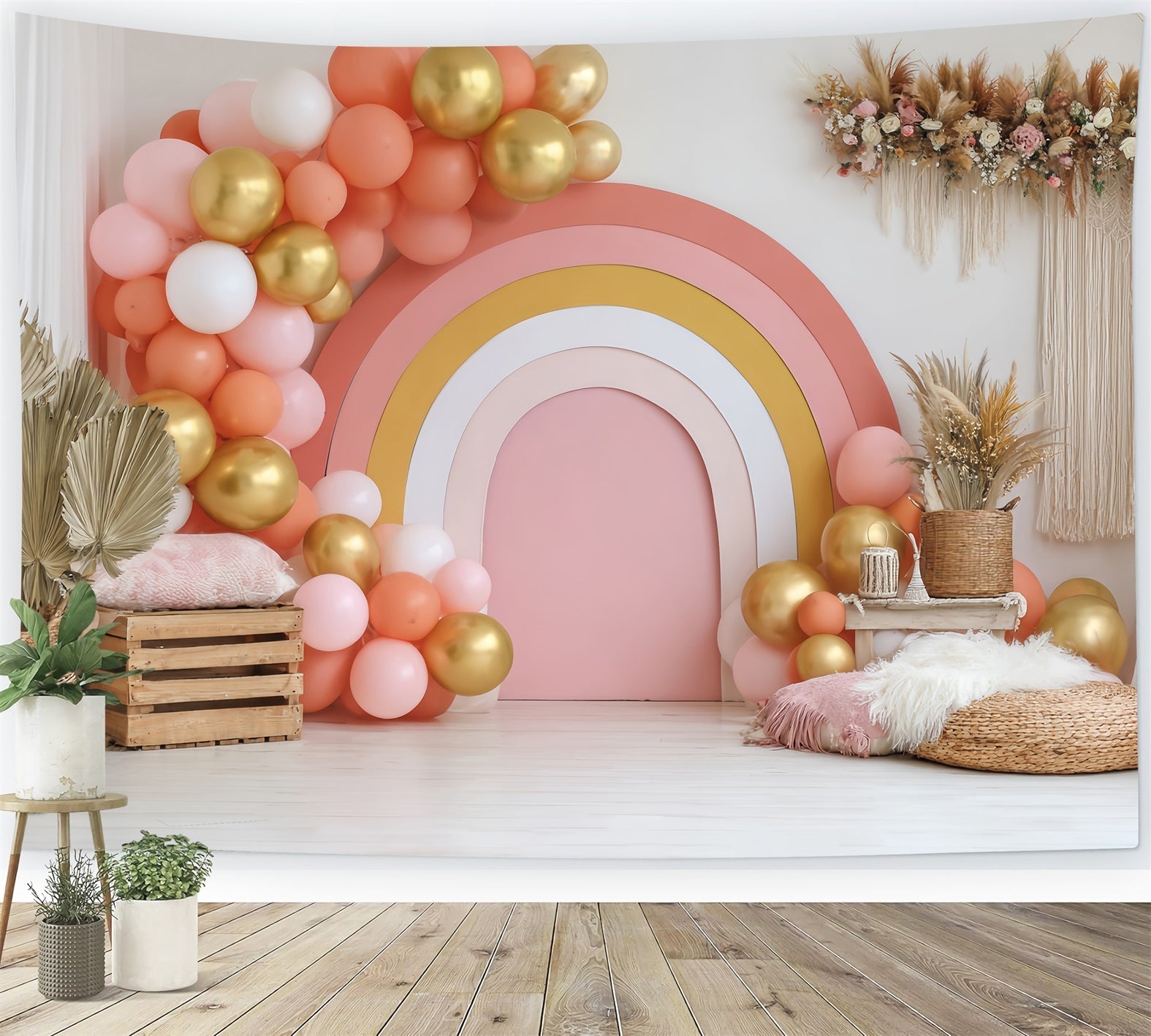 Cake Smash-Studiohintergründe Goldener Regenbogenballon-Aufbau Kuchenfotografie-Studiohintergründe TWW59-211