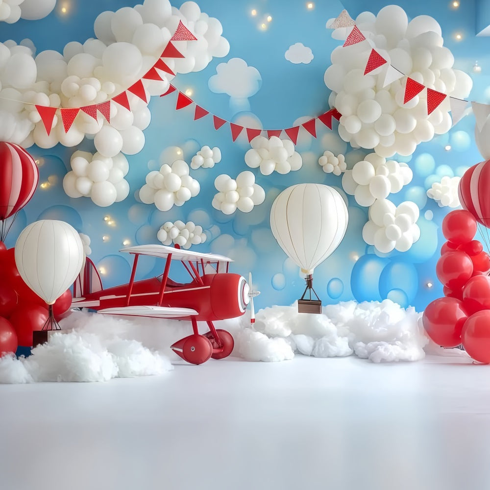 Cake Smash-Fotohintergrund Junge Flugzeug Ballon Wolke Abenteuer Happy Birthday Fotohintergrund TWW59-214