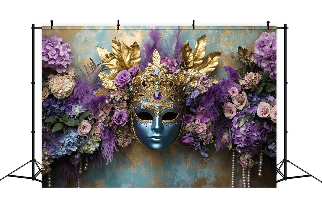 Maskenkarneval-Fotohintergrund Blaue Maske Lila Blumen Eleganz Karnevalshintergründe TWW59-22