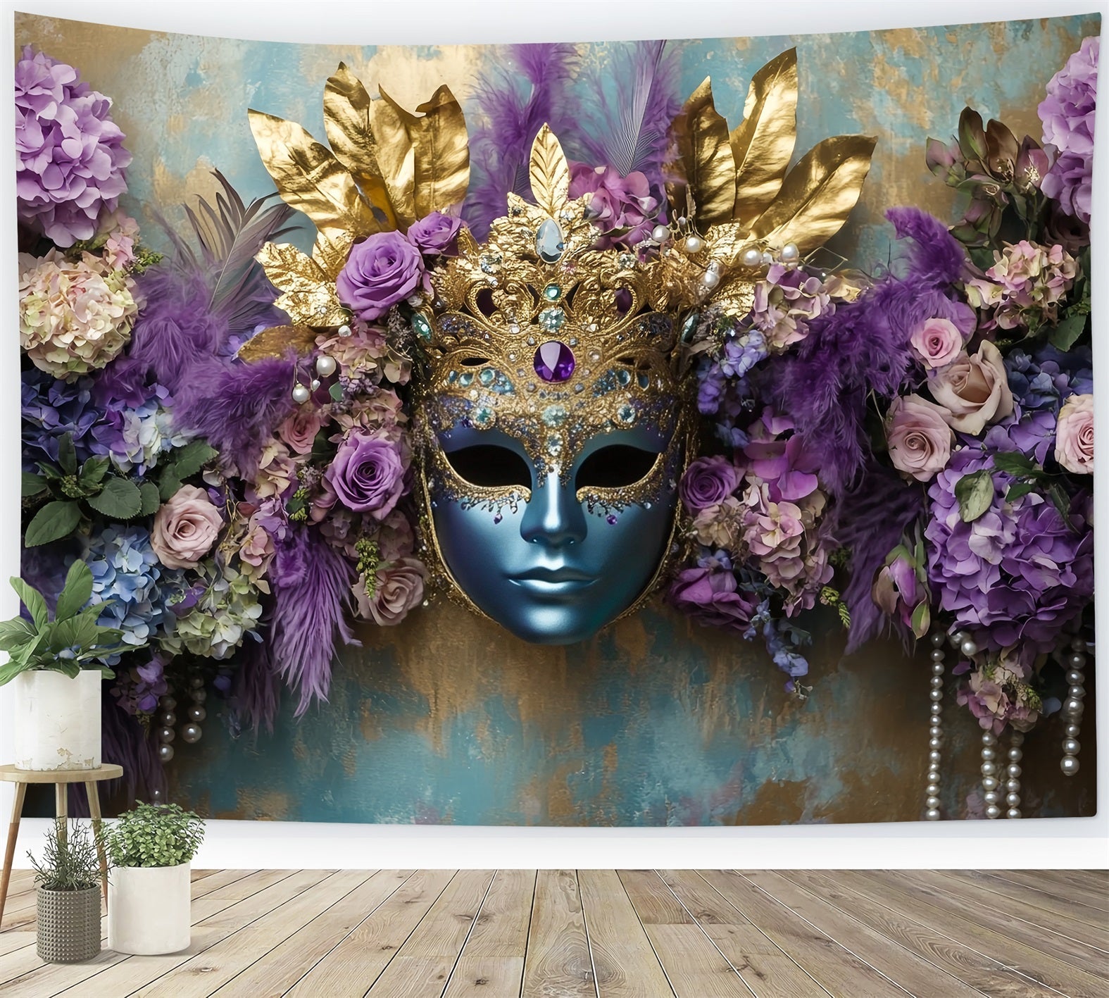 Maskenkarneval-Fotohintergrund Blaue Maske Lila Blumen Eleganz Karnevalshintergründe TWW59-22