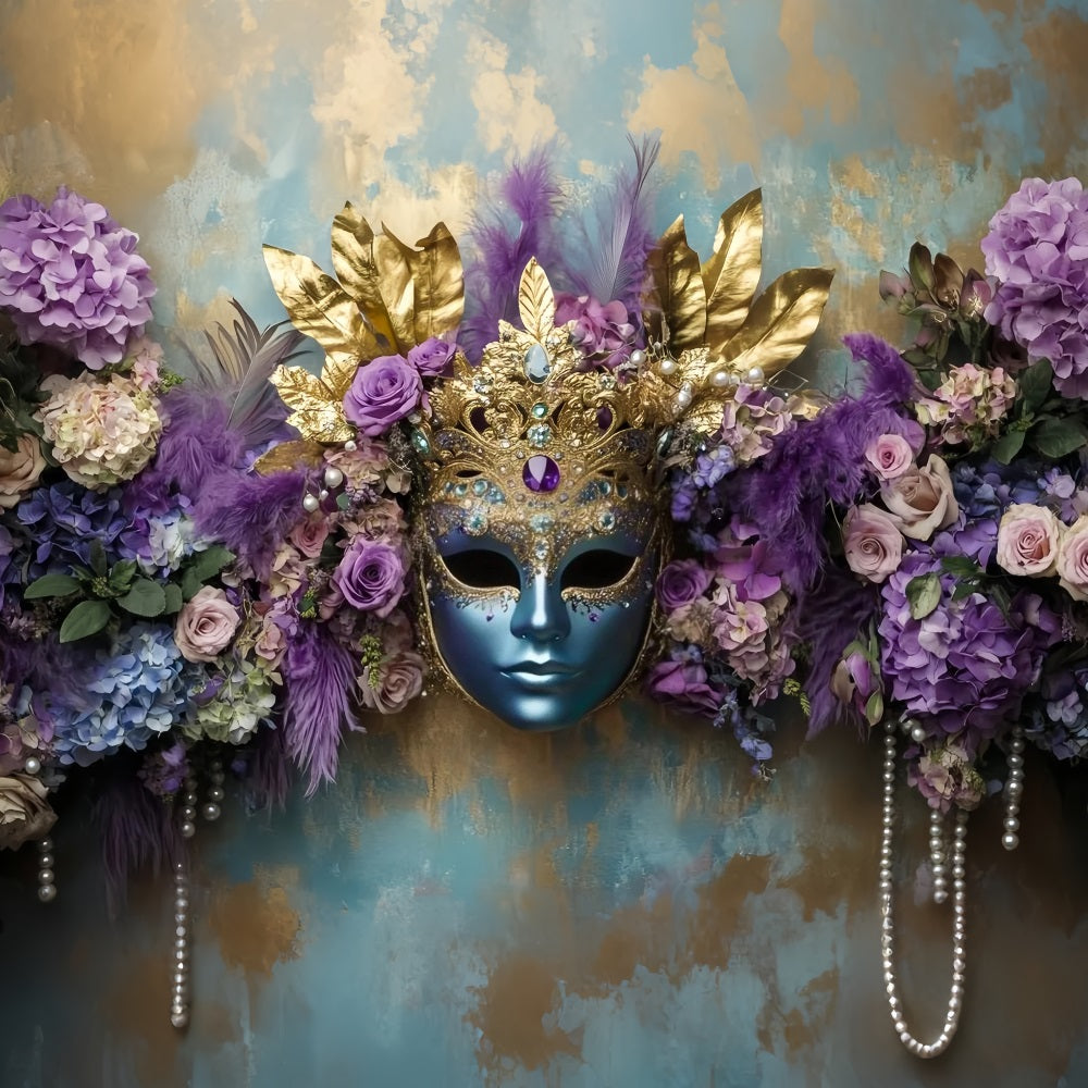 Maskenkarneval-Fotohintergrund Blaue Maske Lila Blumen Eleganz Karnevalshintergründe TWW59-22