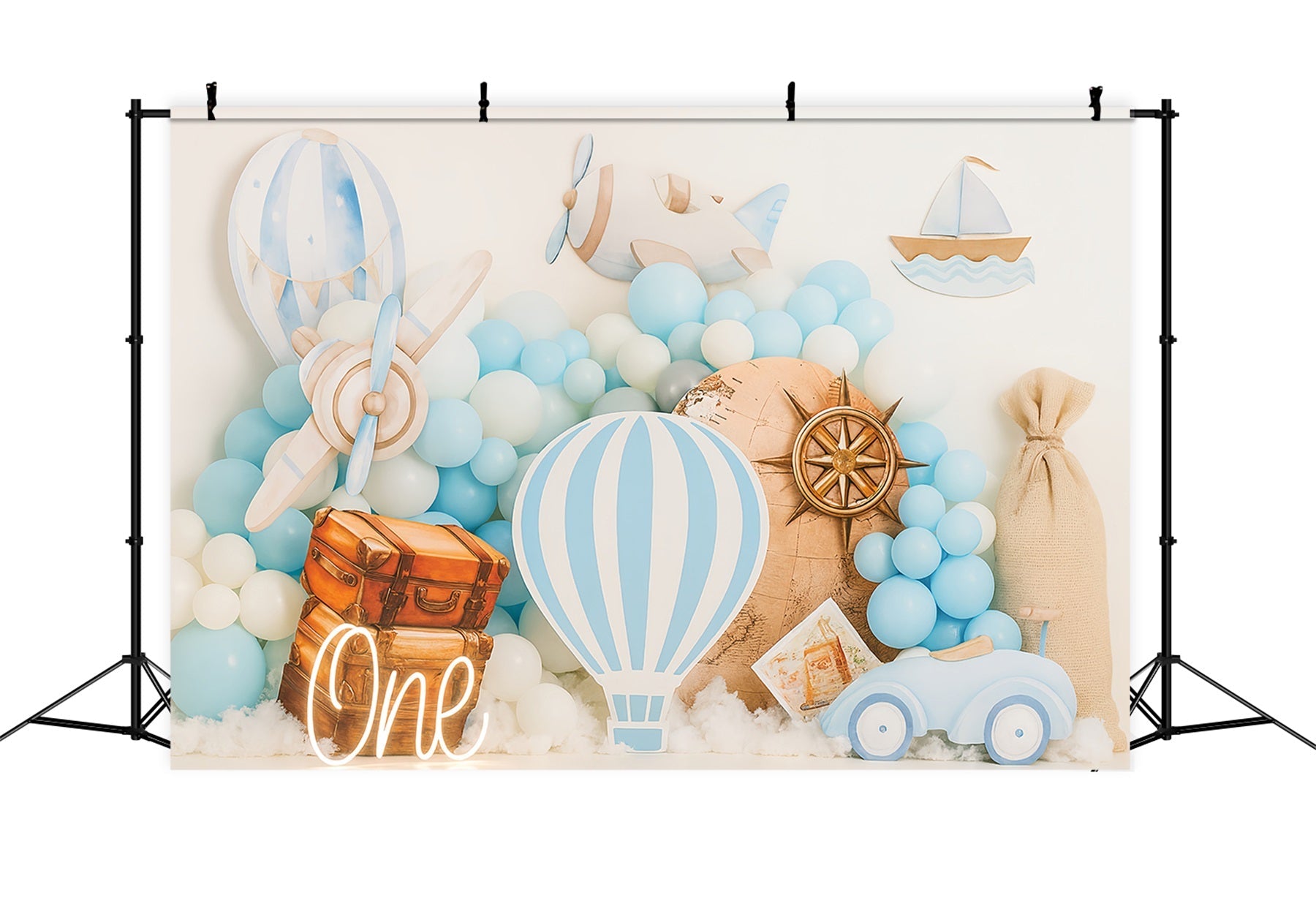 Kuchen-Smash-Fotohintergrund Blaues Reiseabenteuer-Motiv Geburtstags-Studiohintergründe TWW59-220