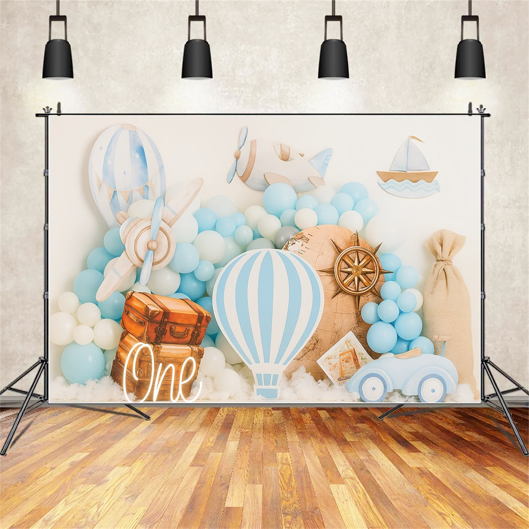 Kuchen-Smash-Fotohintergrund Blaues Reiseabenteuer-Motiv Geburtstags-Studiohintergründe TWW59-220