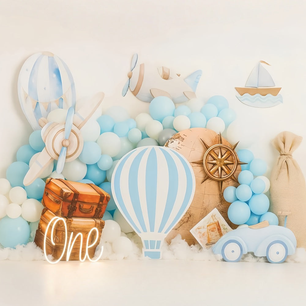 Kuchen-Smash-Fotohintergrund Blaues Reiseabenteuer-Motiv Geburtstags-Studiohintergründe TWW59-220