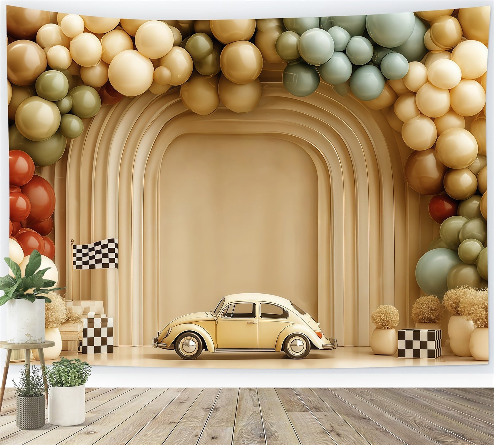 Kuchen-Smash-Fotohintergrund Oldtimer Ballonbogen Smash-Cake-Fotohintergrund TWW59-223
