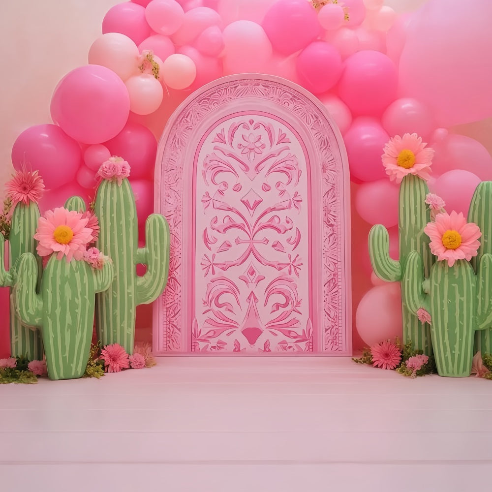 Cake Smash-Fotografie-Fotohintergrund Rosa Kaktus Ballon Garten Geburtstag-Studiohintergründe TWW59-242