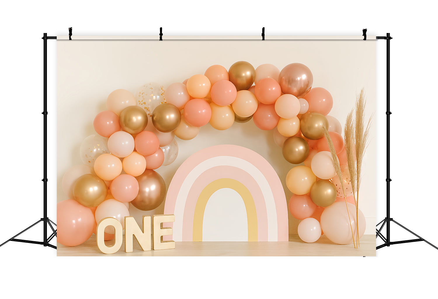 Cake Smash-Fotohintergrund Goldener Pfirsich Regenbogenbogen 1. Geburtstag-Fotohintergrund TWW59-245