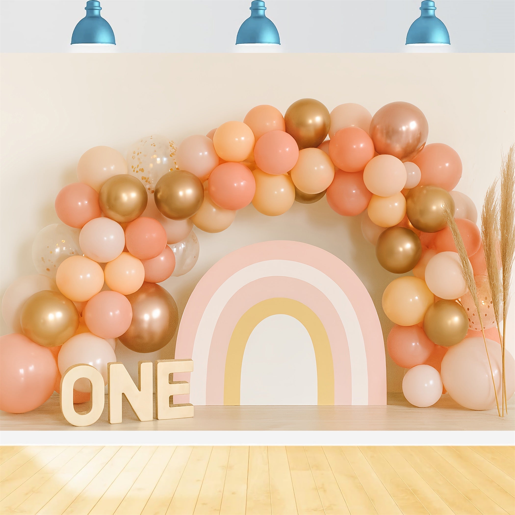 Cake Smash-Fotohintergrund Goldener Pfirsich Regenbogenbogen 1. Geburtstag-Fotohintergrund TWW59-245
