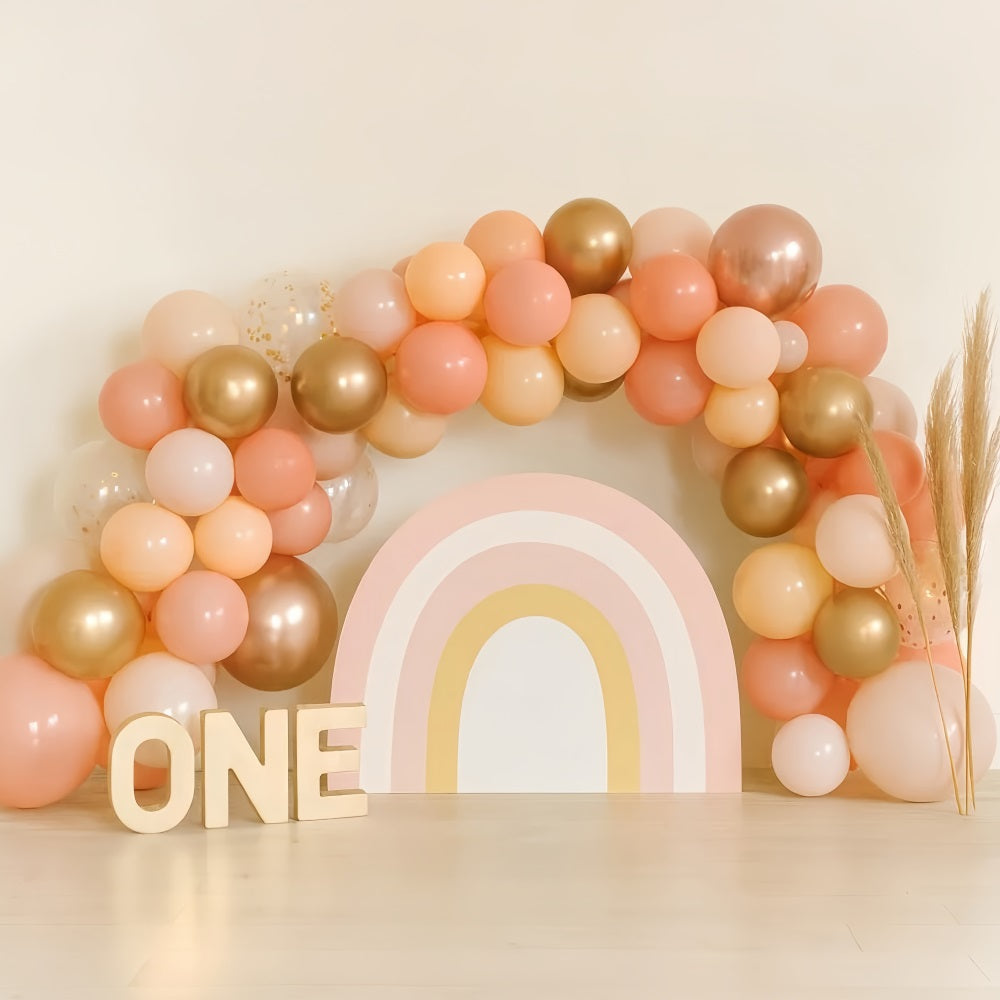 Cake Smash-Fotohintergrund Goldener Pfirsich Regenbogenbogen 1. Geburtstag-Fotohintergrund TWW59-245
