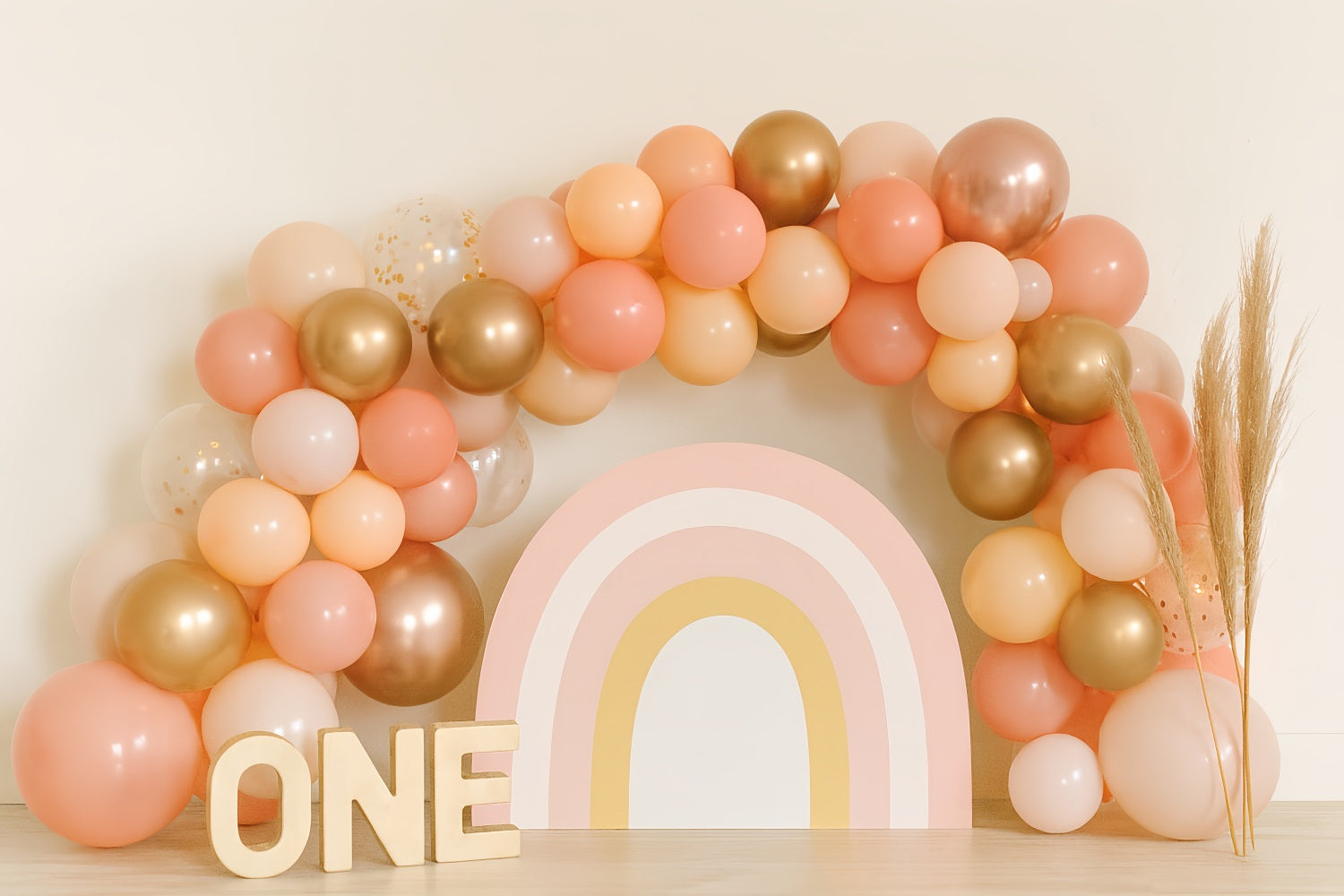 Cake Smash-Fotohintergrund Goldener Pfirsich Regenbogenbogen 1. Geburtstag-Fotohintergrund TWW59-245