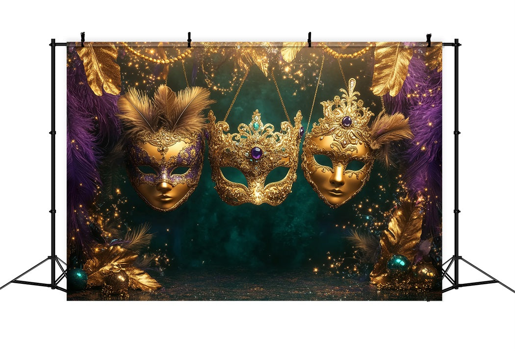 Maskenkarneval-Fotohintergrund Goldenes gefiedertes Maskenball-Trio Karneval-Fotohintergrund-Ideen TWW59-25