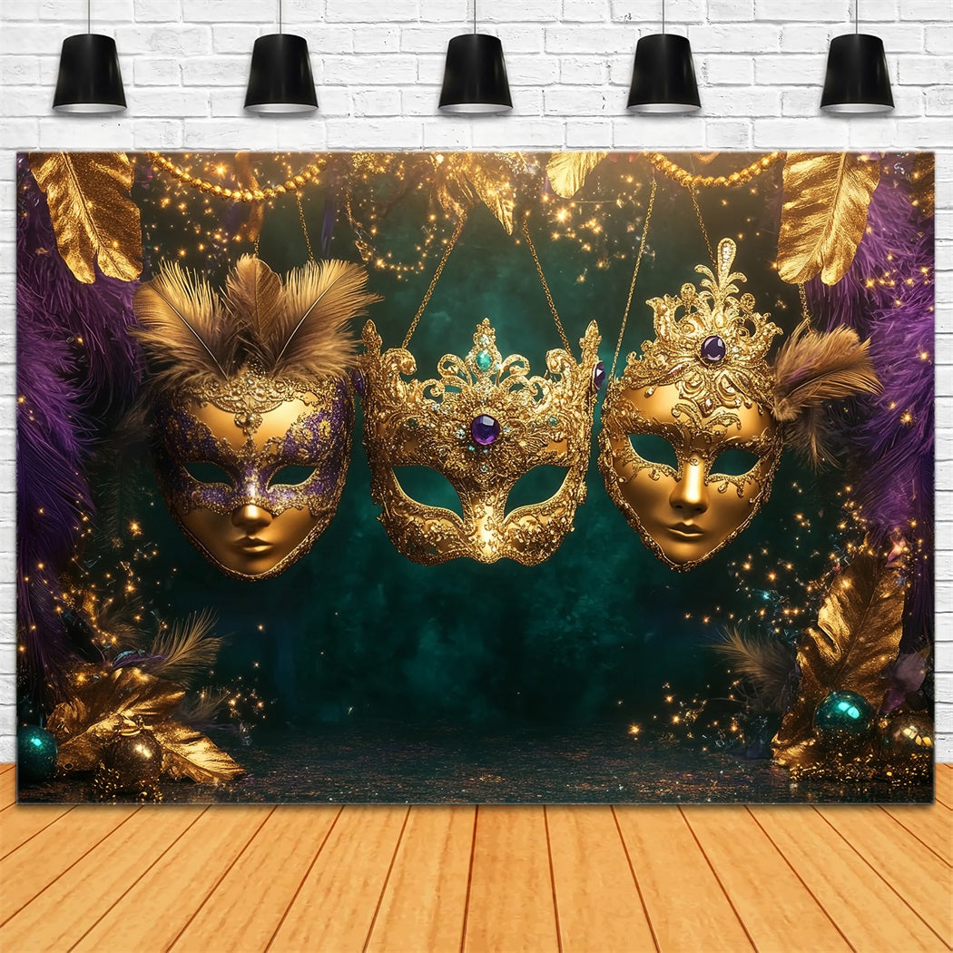 Maskenkarneval-Fotohintergrund Goldenes gefiedertes Maskenball-Trio Karneval-Fotohintergrund-Ideen TWW59-25