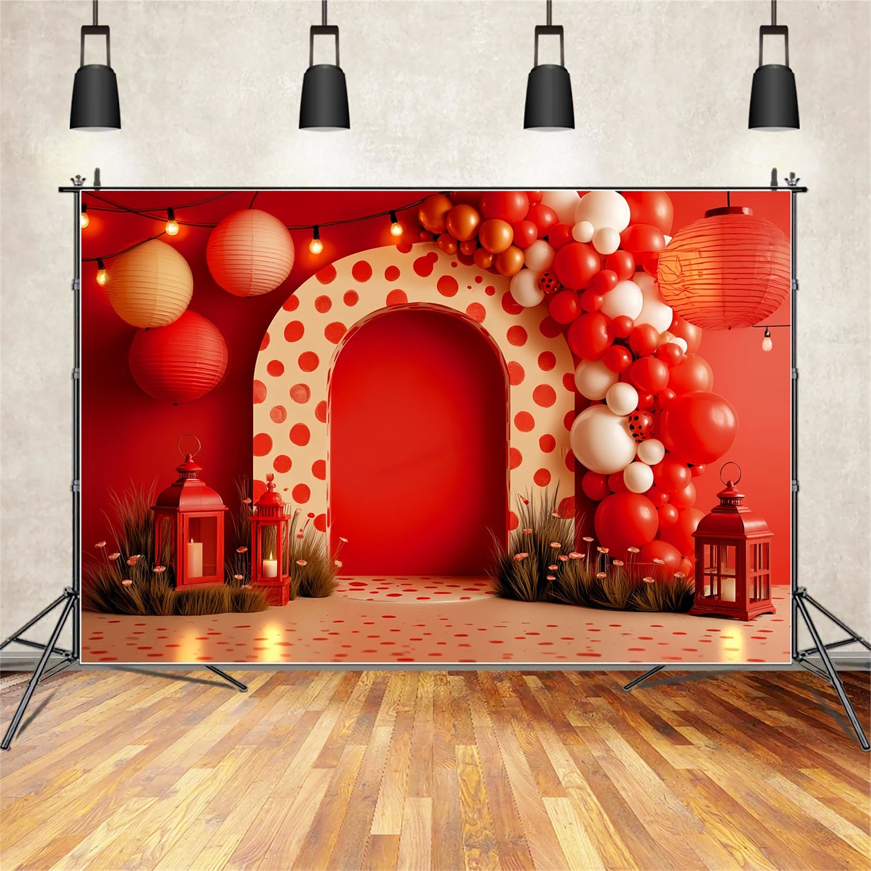 Smash Cake Fotohintergrund Rote Laternen Polka Feier Cake Smash Fotografie Fotohintergrund TWW59-251