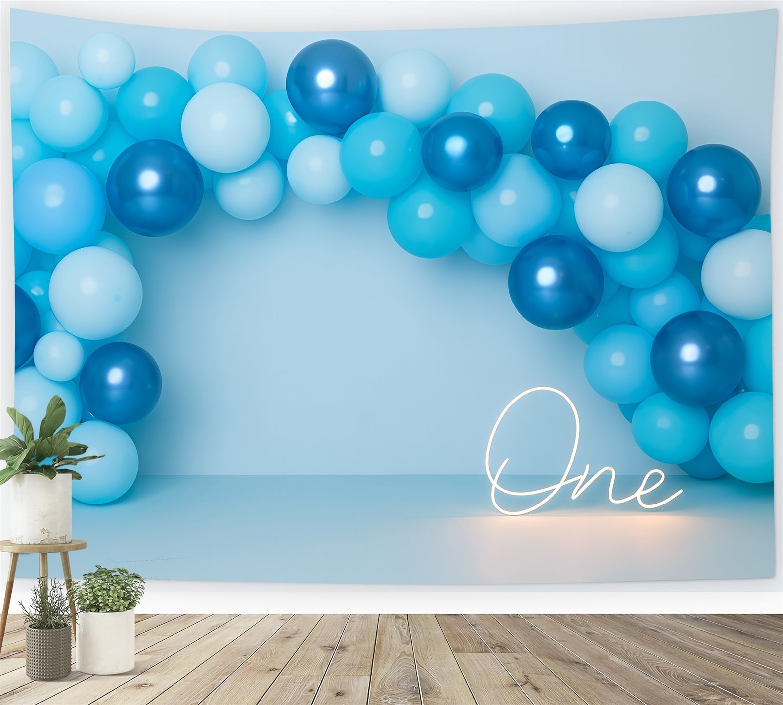 Cake Smash Fotohintergrund Blau Ballonbogen One Glow 1. Geburtstag Fotohintergrund TWW59-258