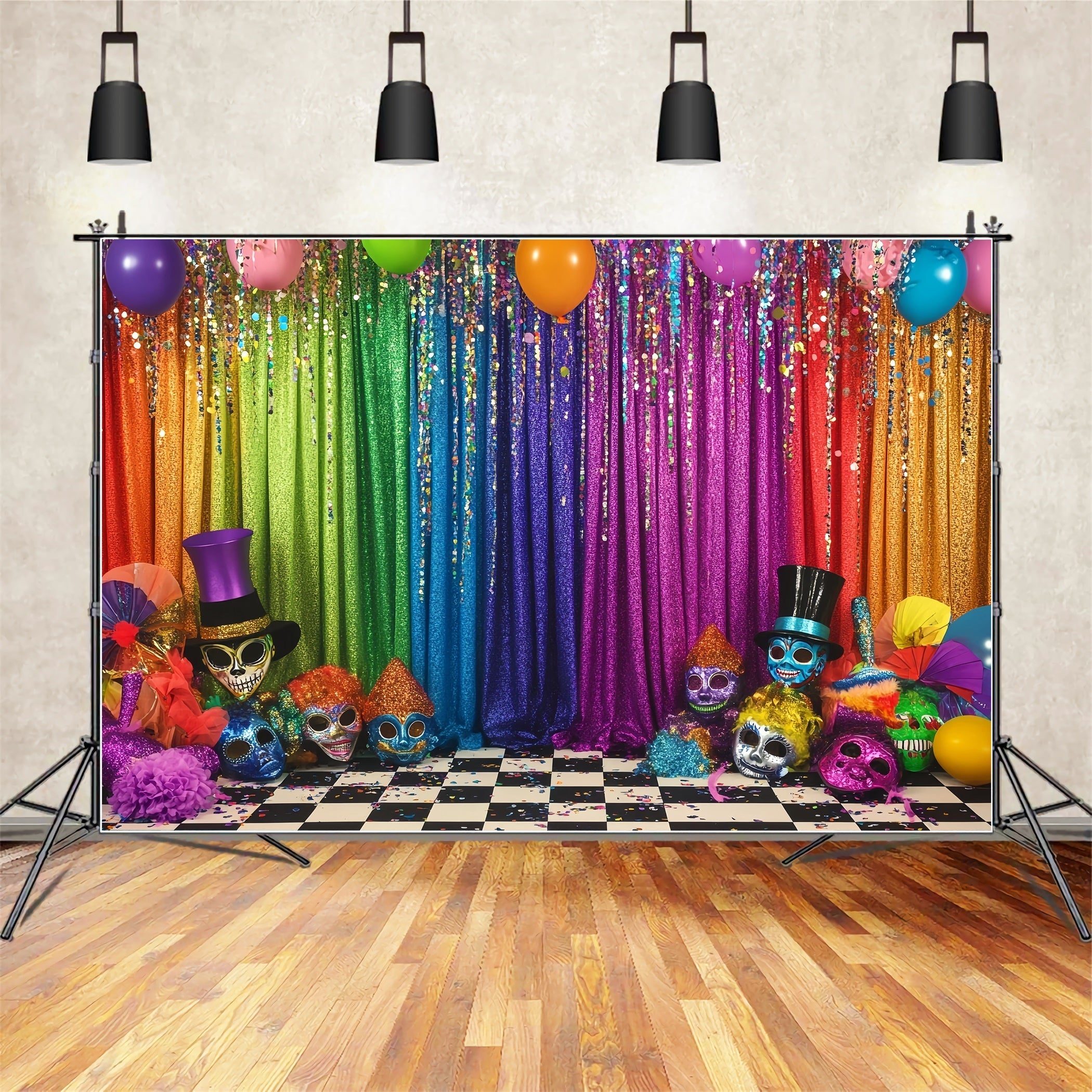 Maskenkarneval-Fotohintergrund Regenbogen Glitzer Bühne Maskenkarneval-Fotohintergrund Ideen TWW59-3