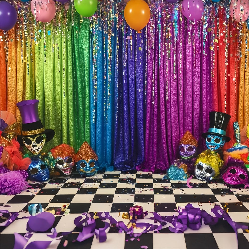 Maskenkarneval-Fotohintergrund Regenbogen Glitzer Bühne Maskenkarneval-Fotohintergrund Ideen TWW59-3