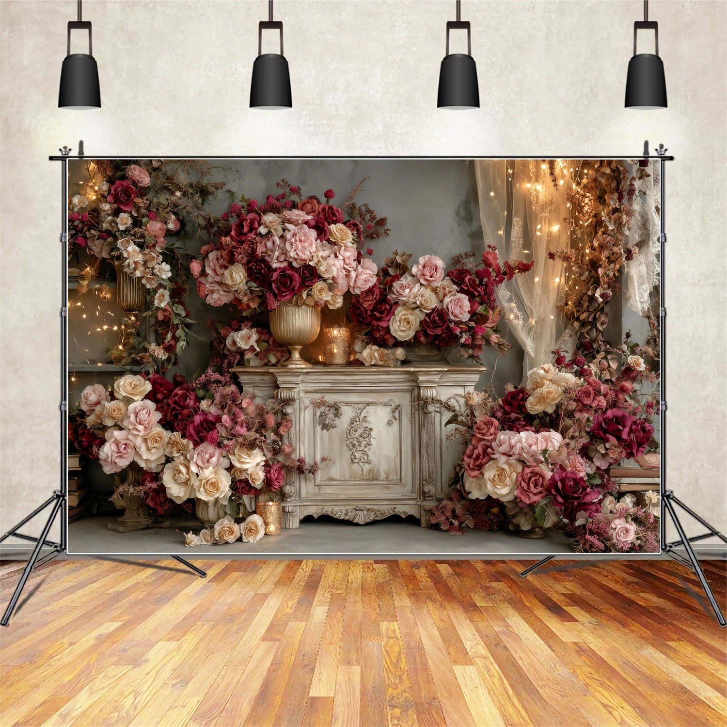 Hochzeits-Vintage-Fotohintergrund Vintage Burgundy Rose Arrangement Hochzeitshintergründe TWW59-36