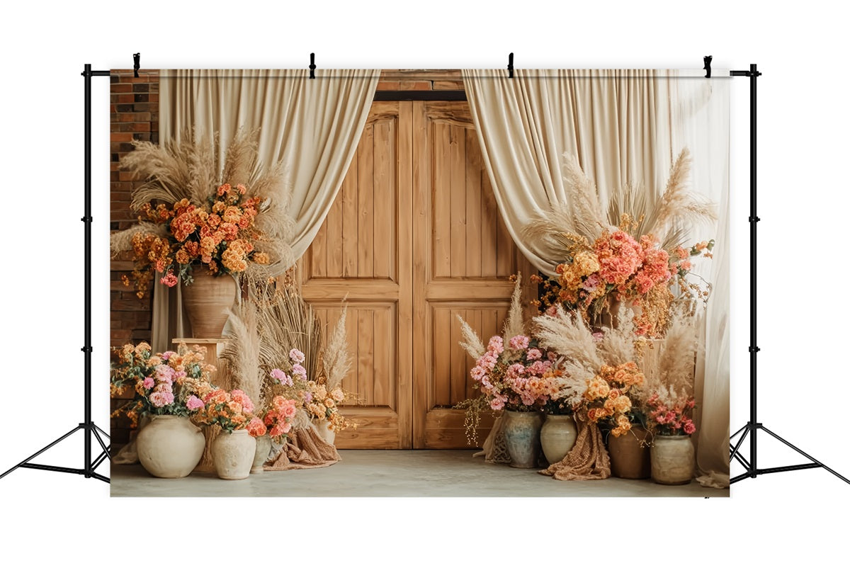 Hochzeits-Rustikal-Fotohintergrund Rustikaler Holztür-Blumenschmuck Hochzeitshintergrund TWW59-38
