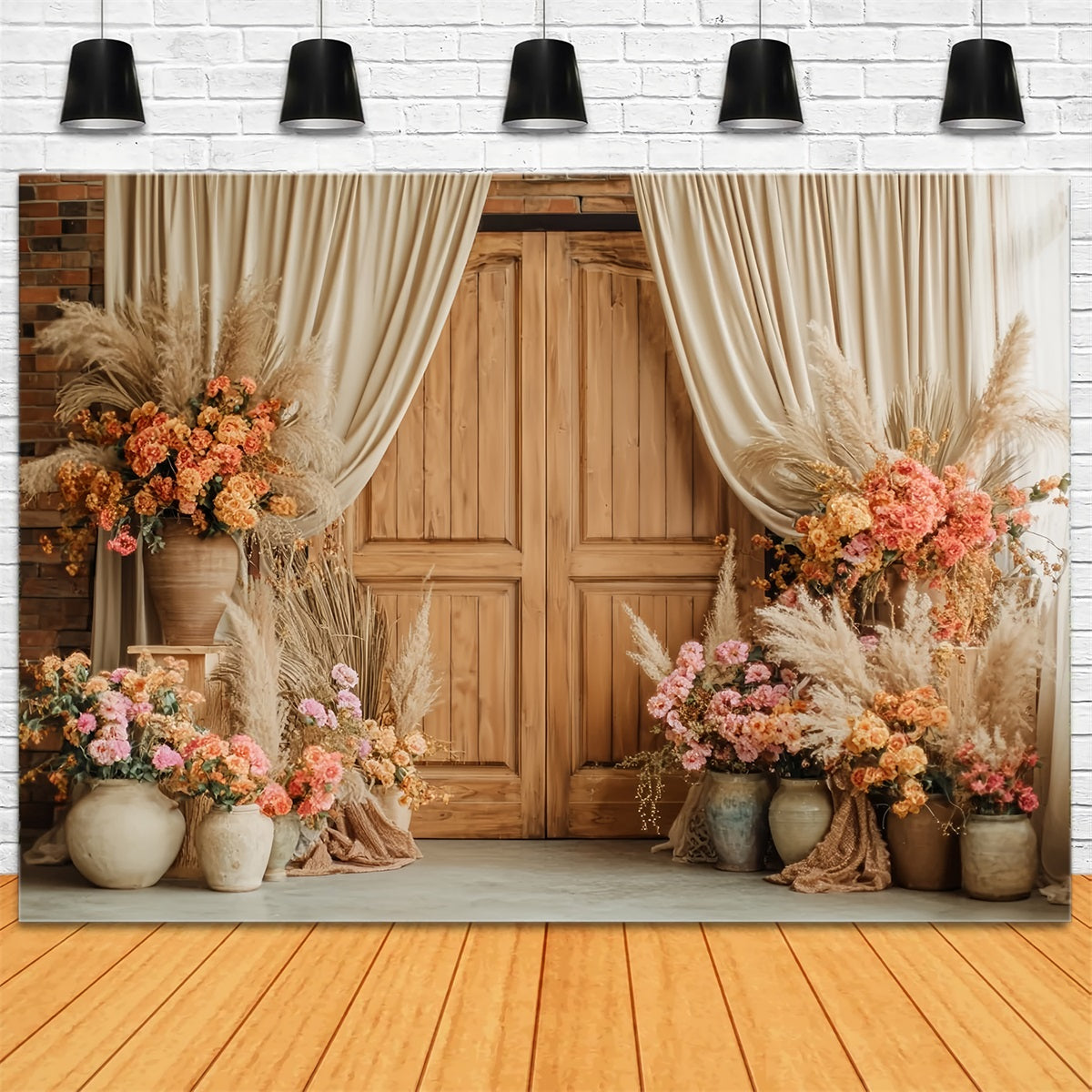 Hochzeits-Rustikal-Fotohintergrund Rustikaler Holztür-Blumenschmuck Hochzeitshintergrund TWW59-38