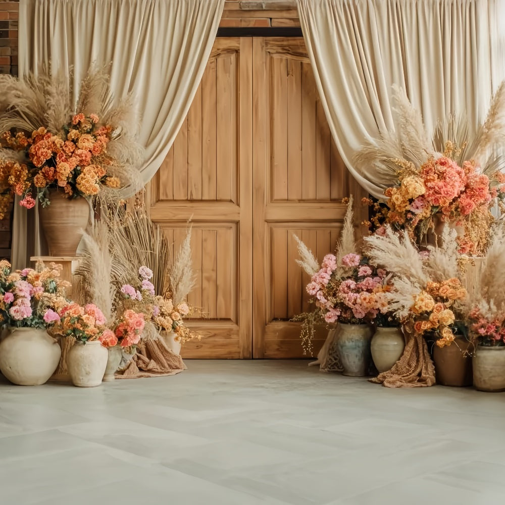 Hochzeits-Rustikal-Fotohintergrund Rustikaler Holztür-Blumenschmuck Hochzeitshintergrund TWW59-38