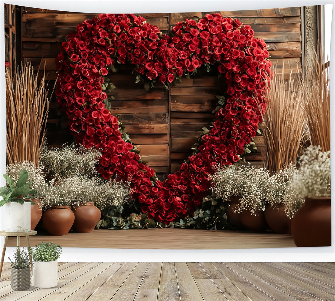 Hochzeit Rustikaler Fotohintergrund Rotes Rosenherz-Arrangement Eleganter Hochzeitskulisse TWW59-39
