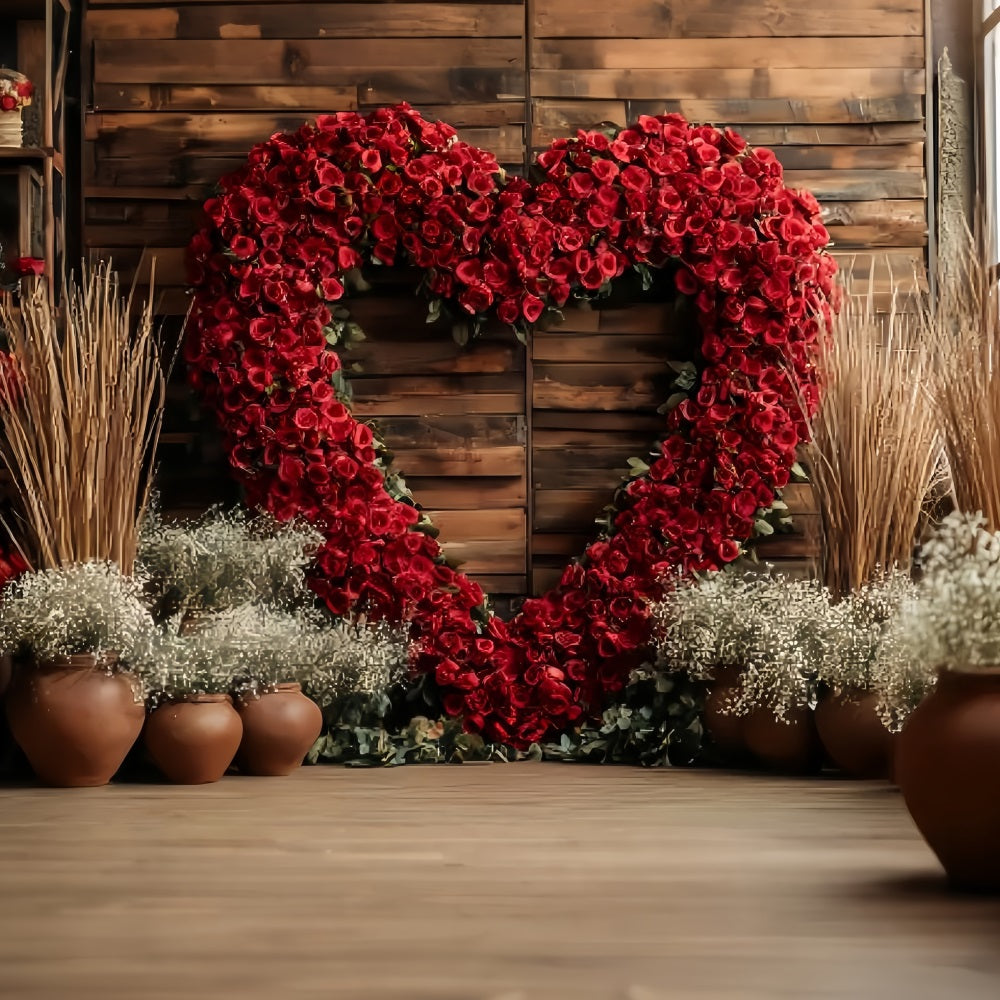 Hochzeit Rustikaler Fotohintergrund Rotes Rosenherz-Arrangement Eleganter Hochzeitskulisse TWW59-39