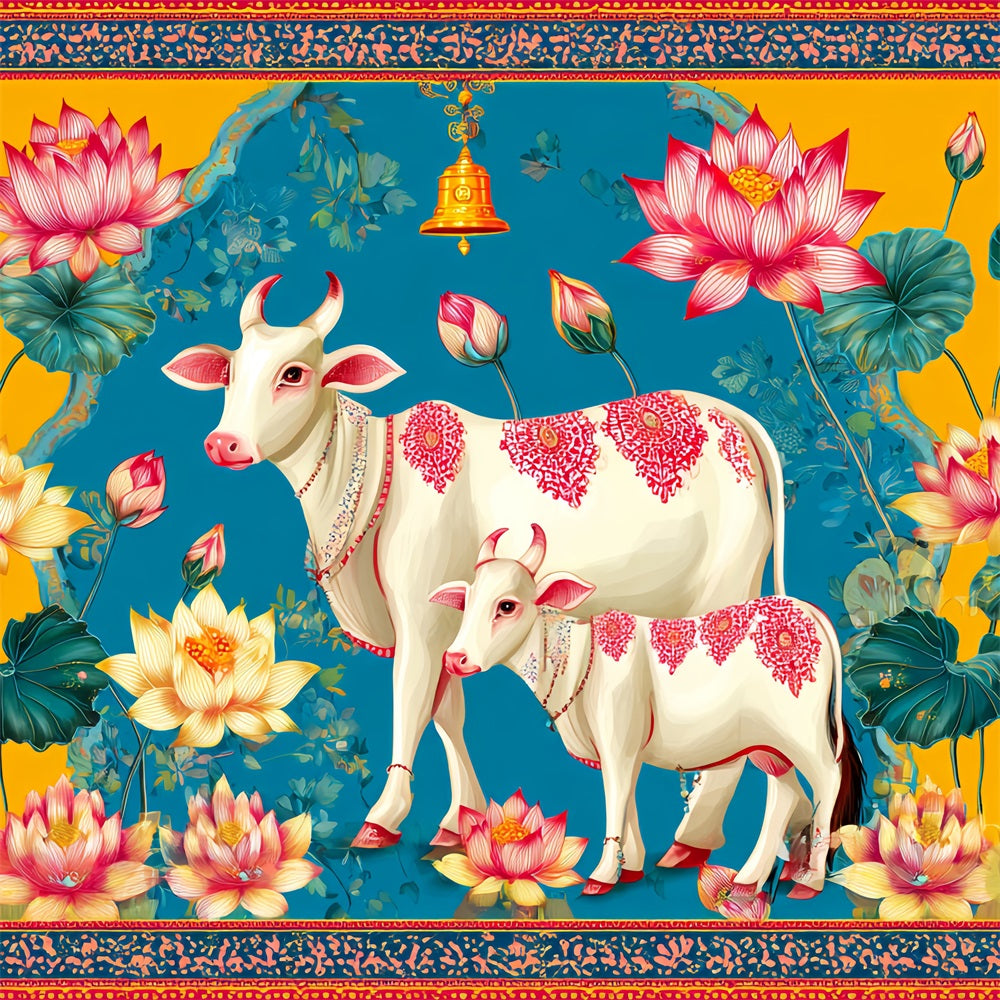 Hochzeit Indischer Fotohintergrund Lotus Kühe Bunte Illustration Hochzeitskulissen TWW59-40