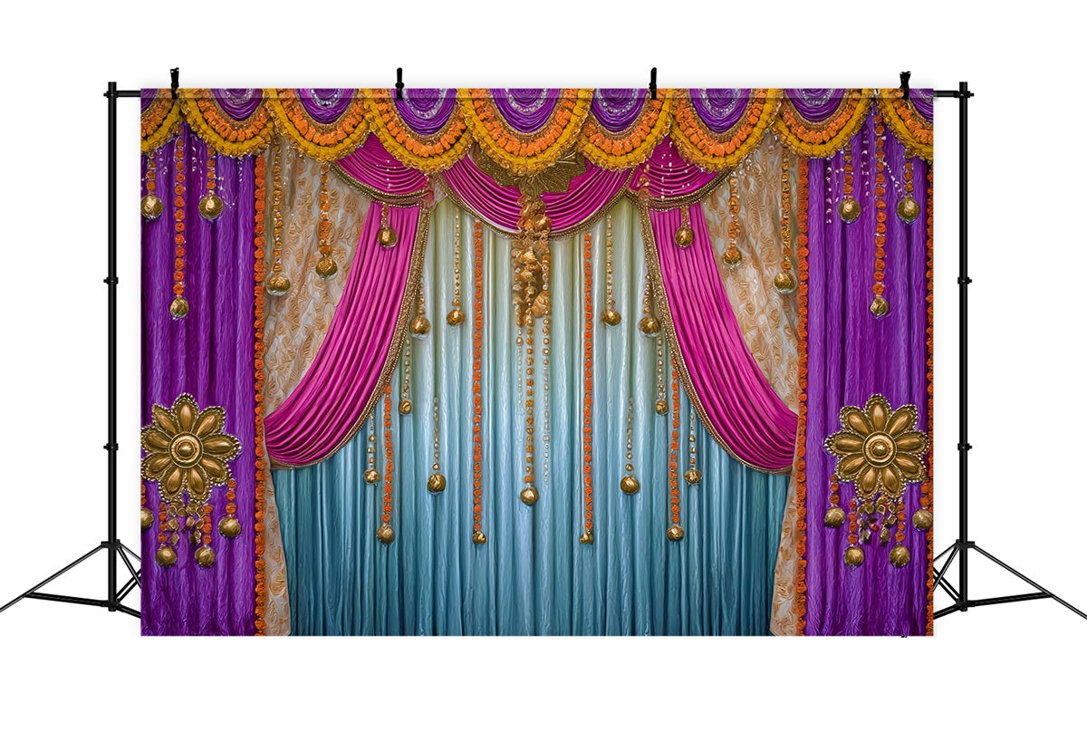 Hochzeit Indischer Fotohintergrund Goldene violette drapierte Vorhänge Hochzeitskulisse TWW59-41