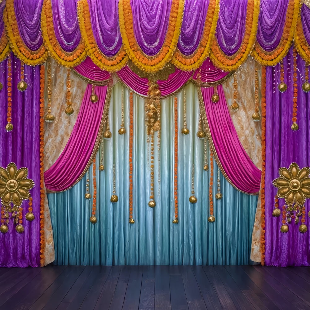 Hochzeit Indischer Fotohintergrund Goldene violette drapierte Vorhänge Hochzeitskulisse TWW59-41