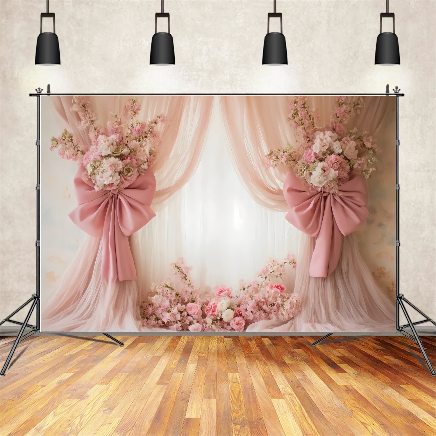 Hochzeit Vintage Blush Vorhänge Blumenschleifen Eleganter Hochzeitshintergrund TWW59-43