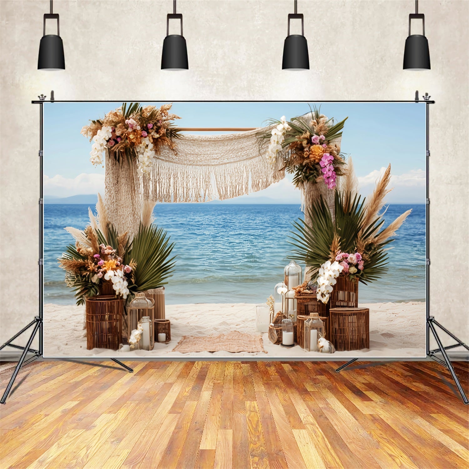 Hochzeits-Strandhintergrund Bohemian Seaside Makramee-Bogen Hochzeitshintergrund-Ideen TWW59-52