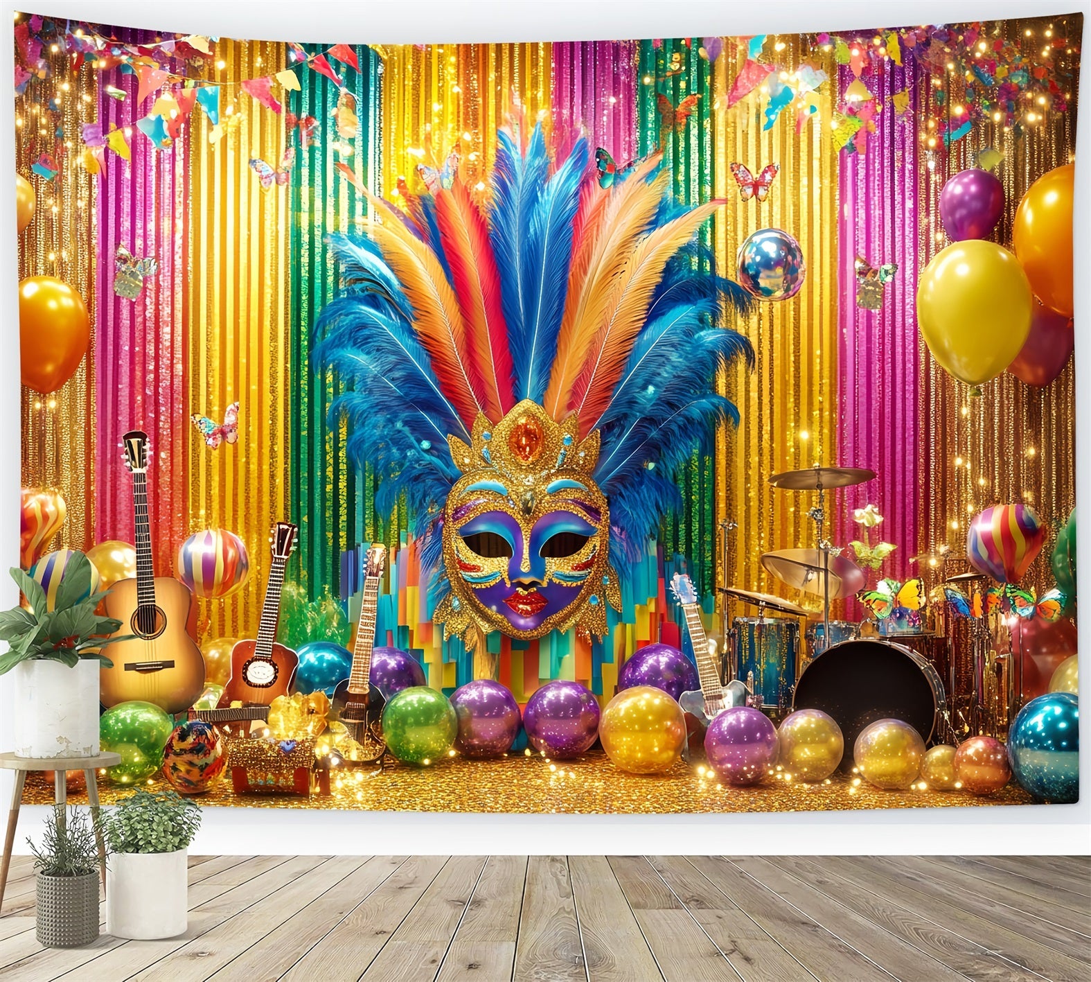 Maskenkarneval-Fotohintergrund Bunte Federmasken Party-Bühne Karnevalshintergründe TWW59-6