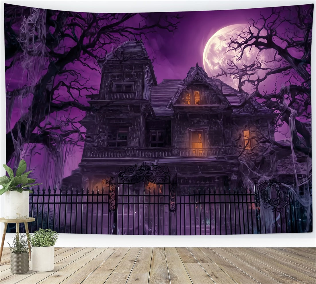 Halloween-Spukhaus-Fotohintergrund Lila Himmel Vollmond Gruselige Halloween-Hintergründe TWW59-63