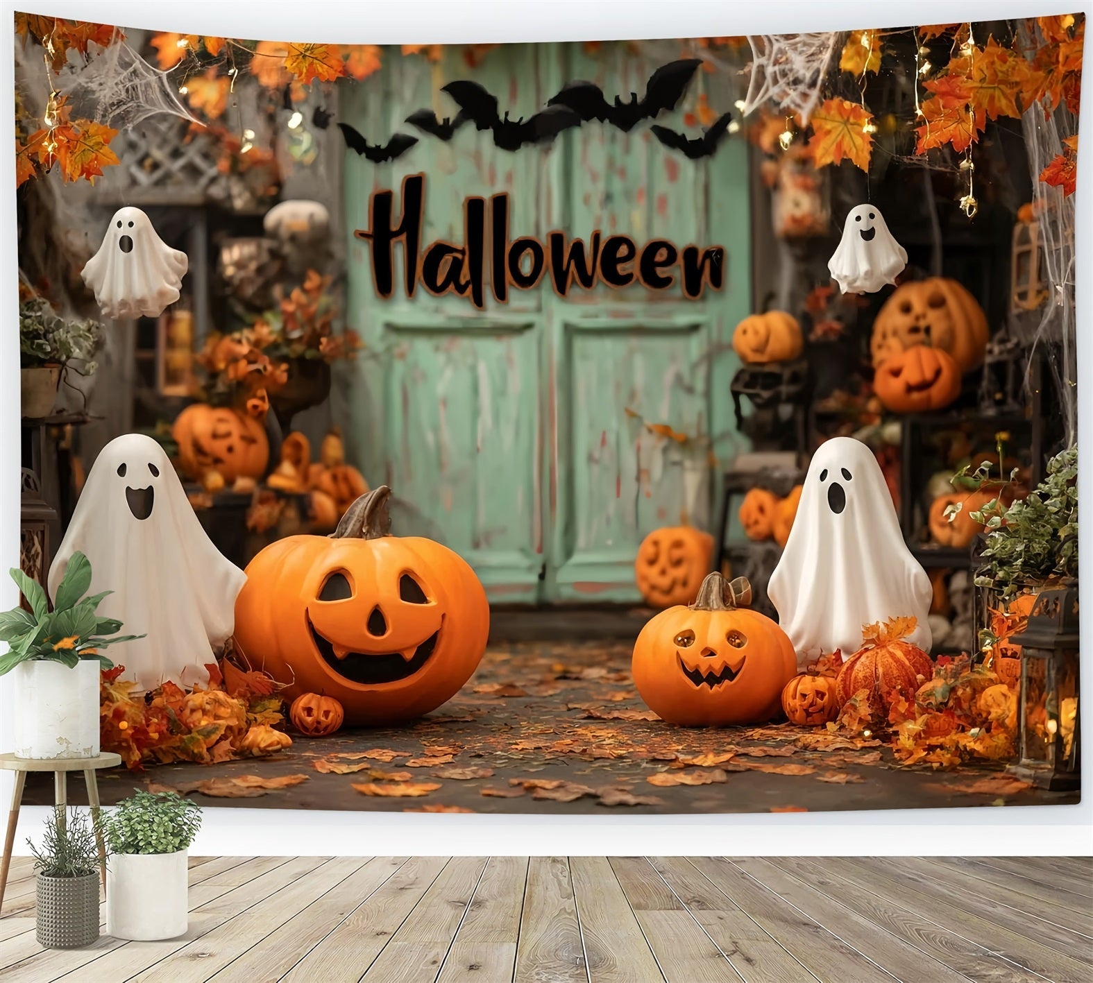 Halloween-Fotohintergrund mit Geistern Lächelnde Kürbisse Herbstgeister Halloween-Fotohintergrund TWW59-72