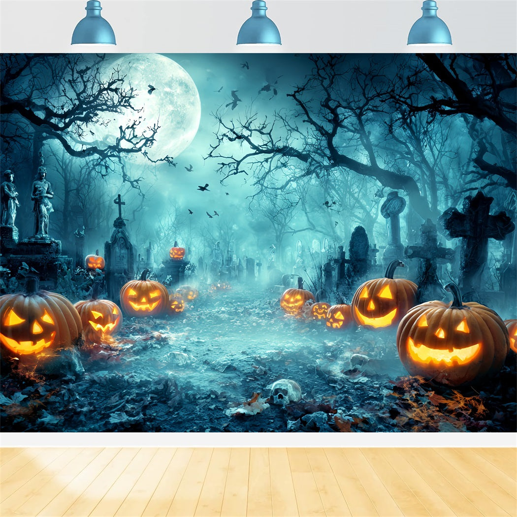 Halloween-Friedhofshintergrund Gruseliger Friedhof Kürbislaternen Halloween-Fotohintergrund TWW59-73