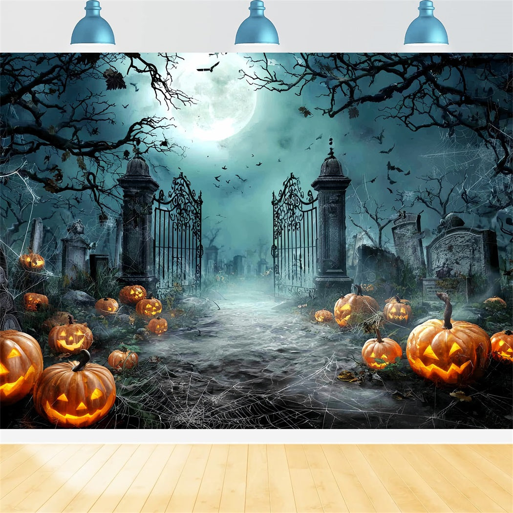Halloween-Friedhof-Fotohintergrund Mondbeschienener Friedhof Kürbisse Halloween-Fotohintergründe TWW59-81