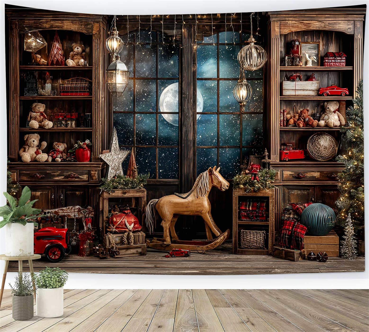 Weihnachtsmann-Werkstatt Fotohintergrund Sternennacht Fenster Spielzimmer Weihnachtshintergründe TWW59-86