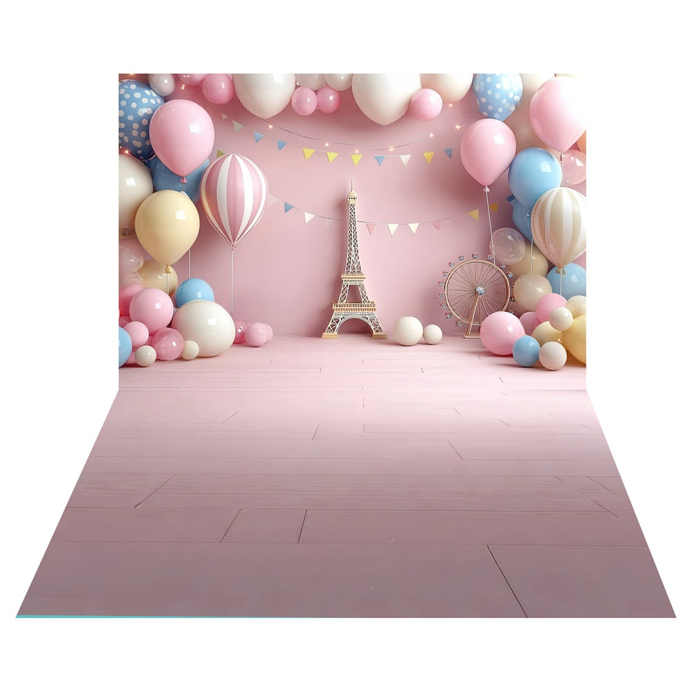 Eiffel-Ballon-Fantasie-Hintergrund+Blush Wood Floor Backdrop TWW6-127
