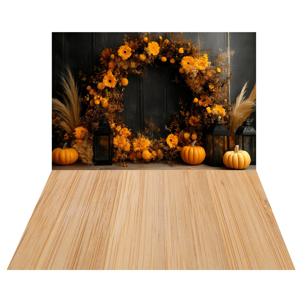 Sonnenblumen-Kürbiskranz-Hintergrund+Warme Kiefer Bodenhintergrund TWW6-87