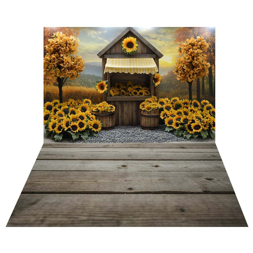 Sonnenblumen-Marktstand-Hintergrund+Rustikaler Holzboden-Hintergrund TWW6-89