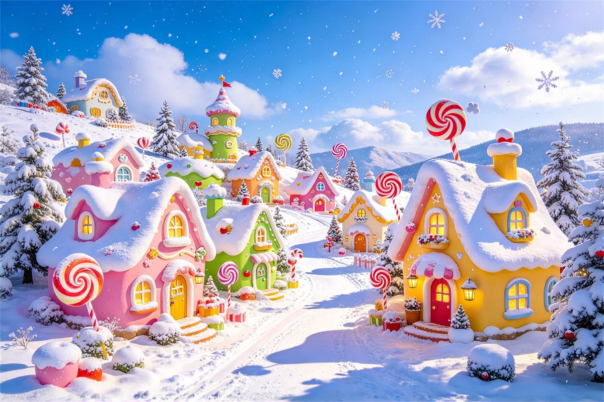 Weihnachtsdorf-Hintergrund Verschneites Pastellfarbenes Süßigkeitenhaus ZTT610-1