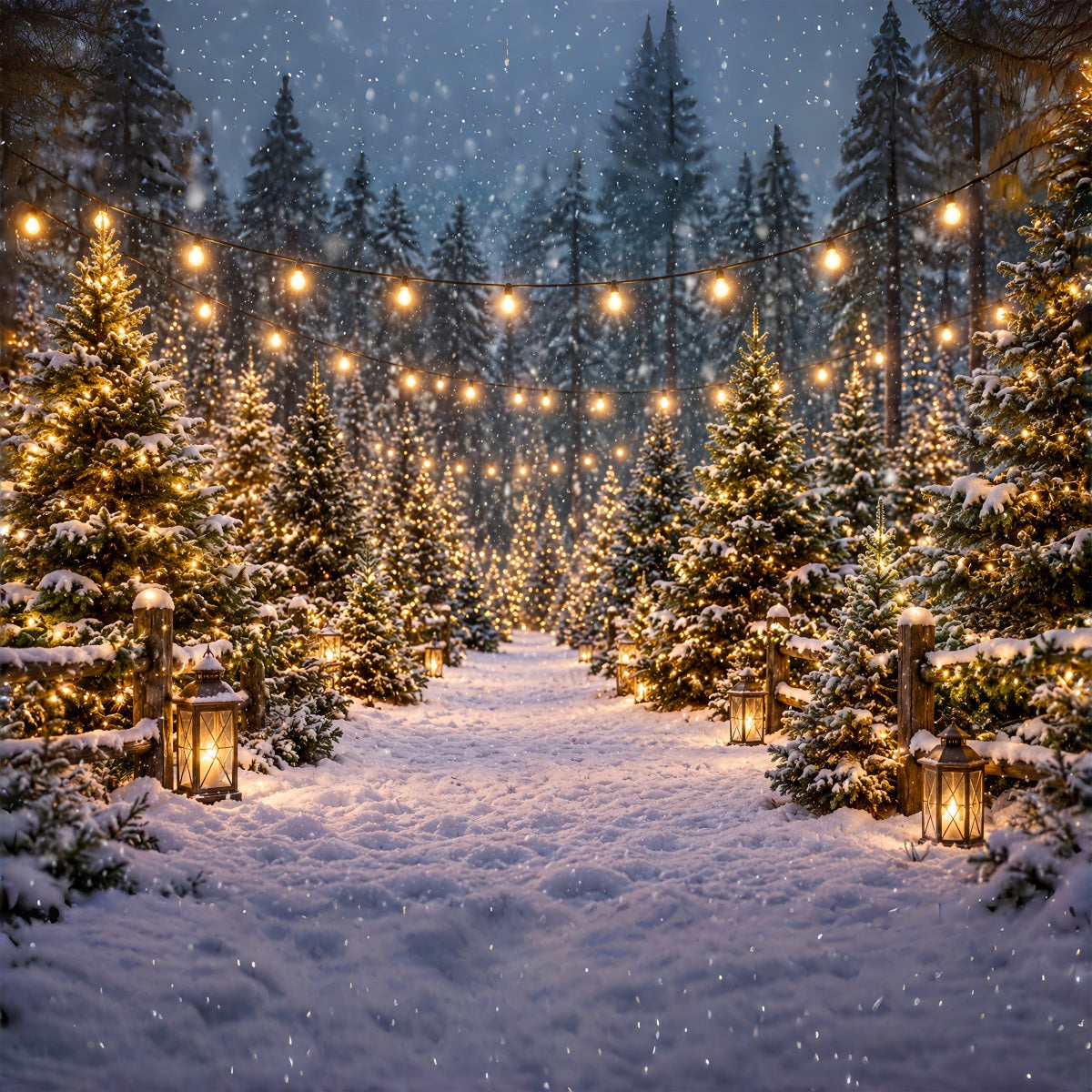 Weihnachtsbaumfarm-Hintergrund Verschneiter Laternenwaldweg ZTT610-16
