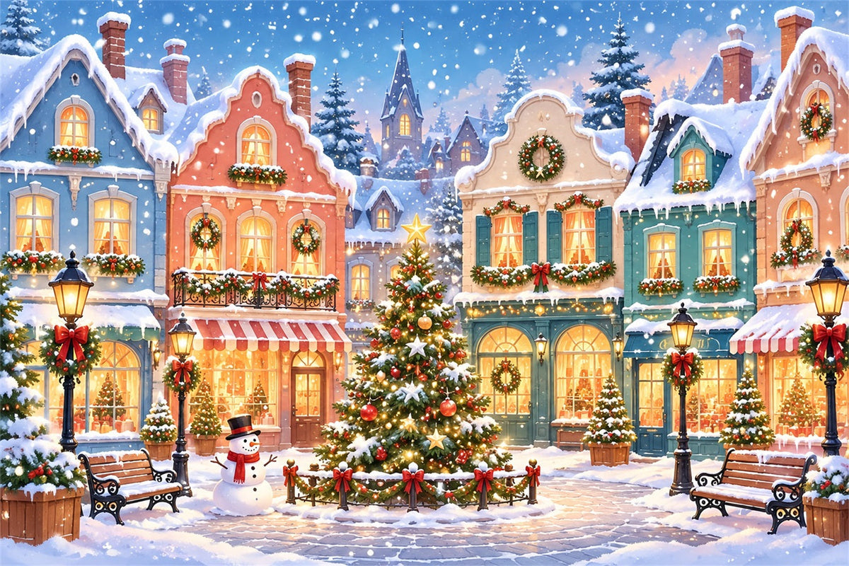 Weihnachtsstadt-Hintergrund Verschneiter Pastellfarbener Dorfplatz ZTT610-17