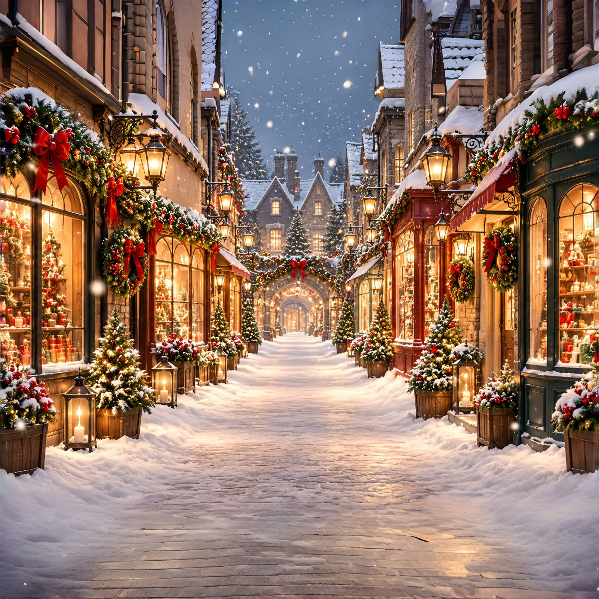 Weihnachtsdorf-Hintergrund Verschneite Beleuchtete Einkaufsstraße ZTT610-23