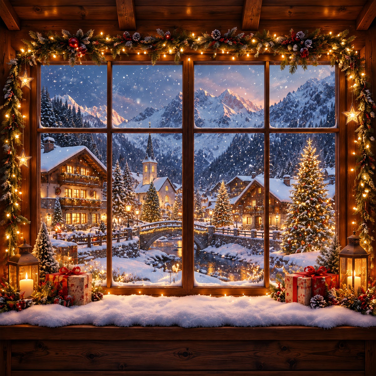 Winterlicher Weihnachtshintergrund Verschneites Alpenhausfenster ZTT610-27