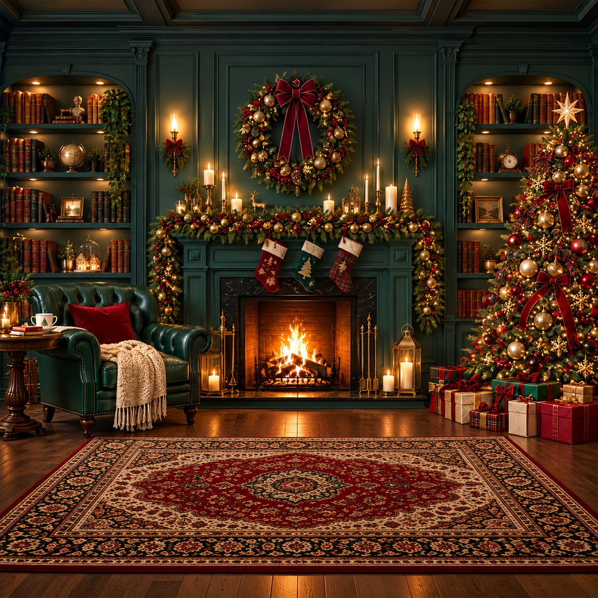 Weihnachtskamin-Hintergrund Vintage Smaragdgrüne Bibliothek Weihnachtssocken ZTT610-30