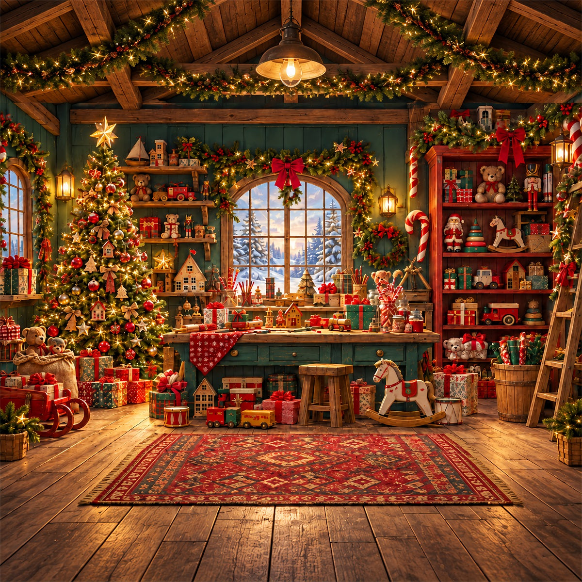 Weihnachtlicher Santa-Werkstatt-Hintergrund Rustikale Spielzeugwerkstatt ZTT610-32