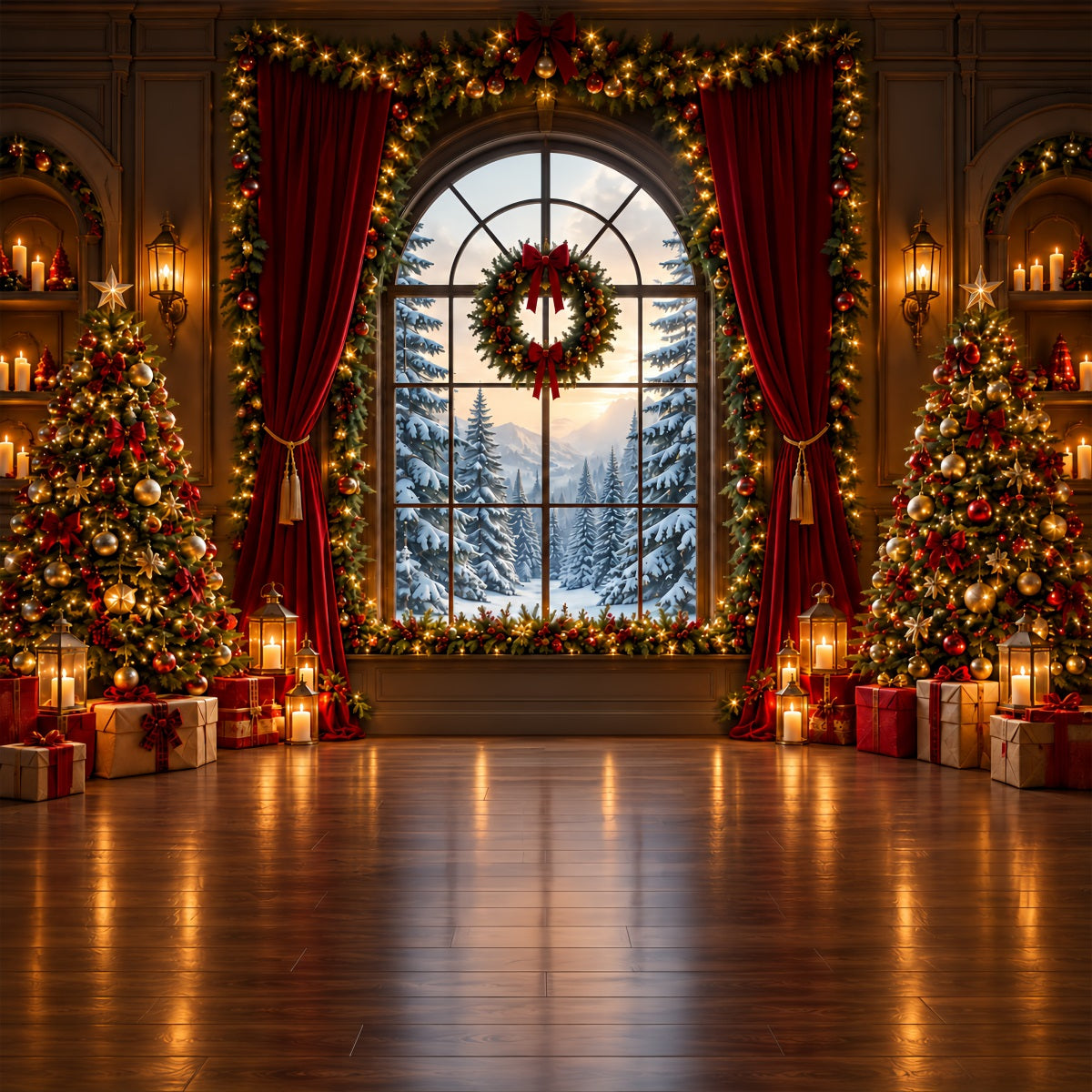 Weihnachtlicher Hintergrund Großes Fenster Verschneiter Wald ZTT610-35