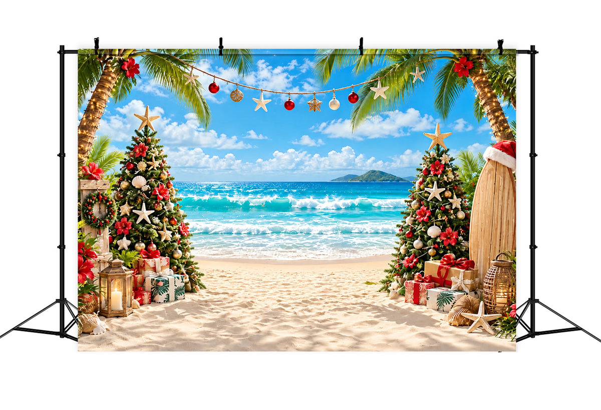 Tropischer Weihnachtshintergrund Strand Meer Surfbrett Weihnachtsbaum ZTT610-37