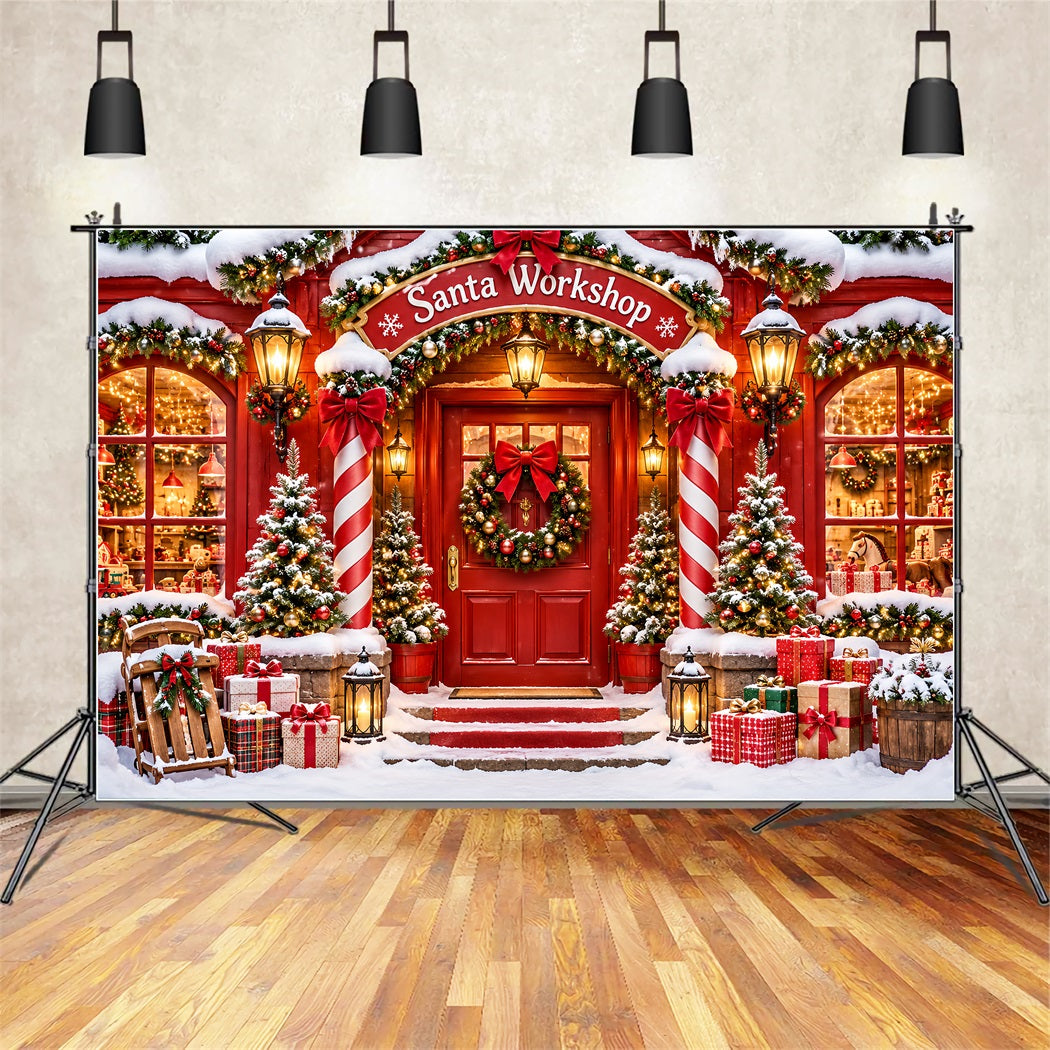 Weihnachtlicher Werkstatt-Hintergrund Verschneiter Hauseingang Rote Weihnachtsdekoration ZTT610-40